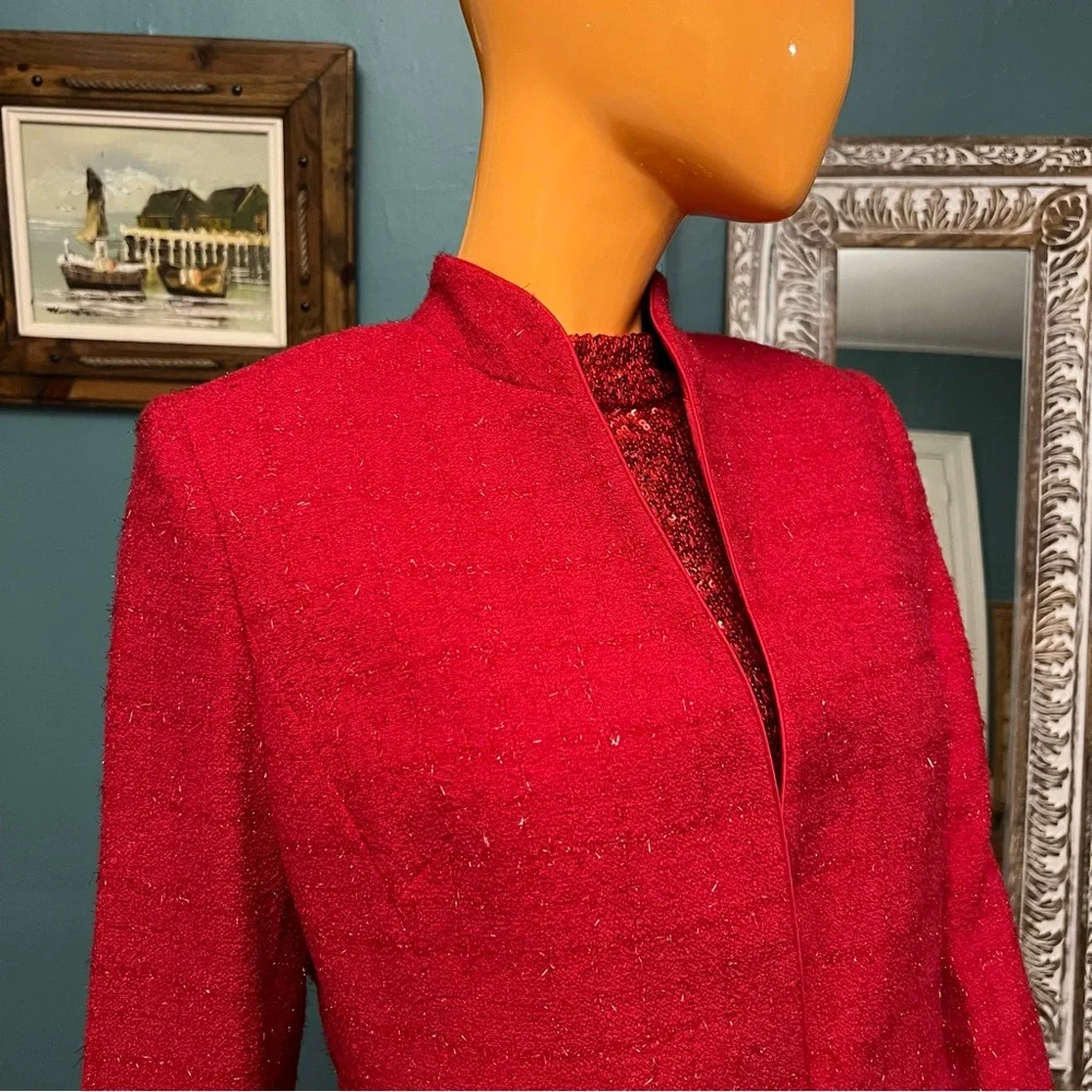 KASPER Red Sparkle Tweed Plaid Petite Skirt Suit